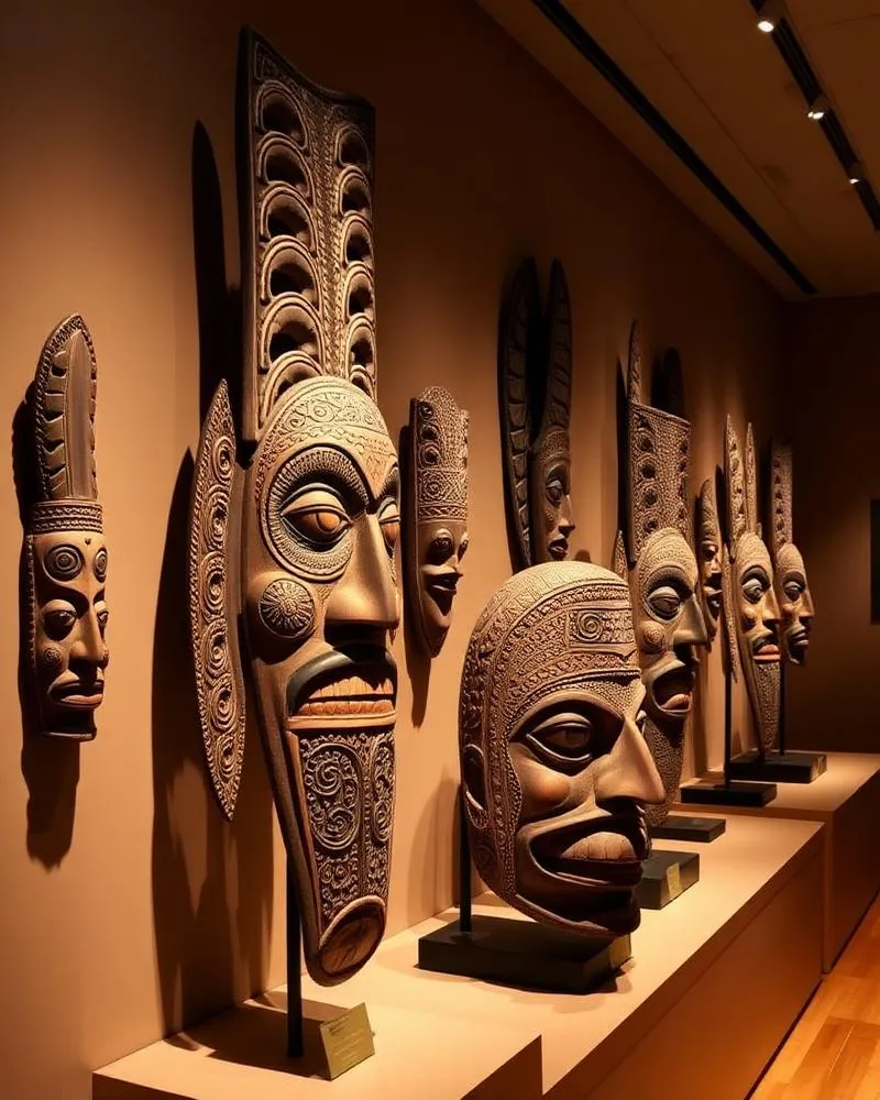 Carved indigenous Alaskan masks and marine specimens on gallery display