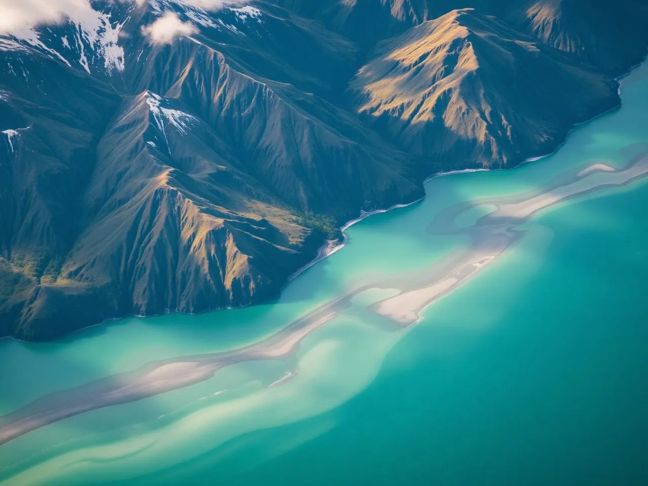 Aerial view of Kachemak Bay with turquoise water and surrounding snow-capped Alaskan mountains